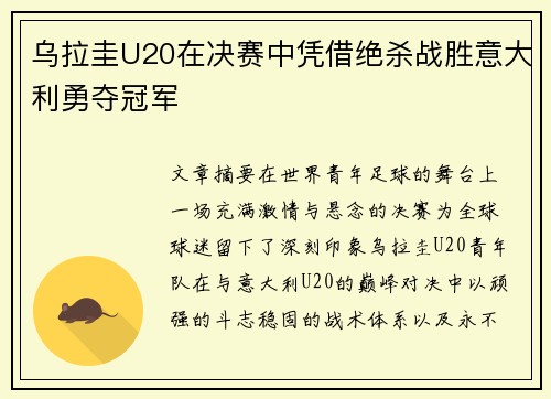 乌拉圭U20在决赛中凭借绝杀战胜意大利勇夺冠军